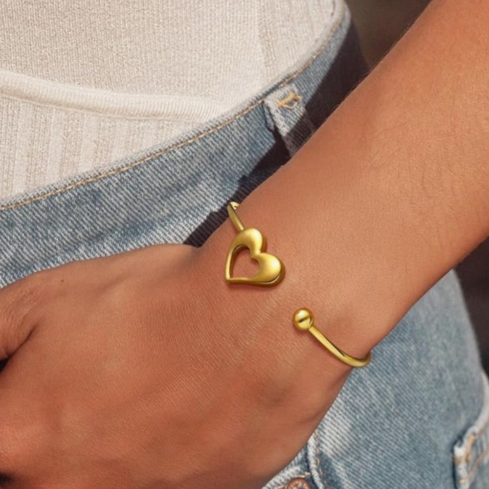 18K Gold Open Heart Cuff Bangle Bracelet Plated Stainless Steel Adjustable